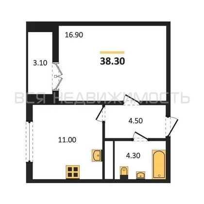 1-комнатная квартира, 38.3кв.м - изображение