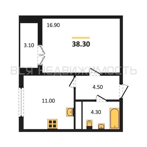 1-комнатная квартира, 38.3кв.м - изображение 0