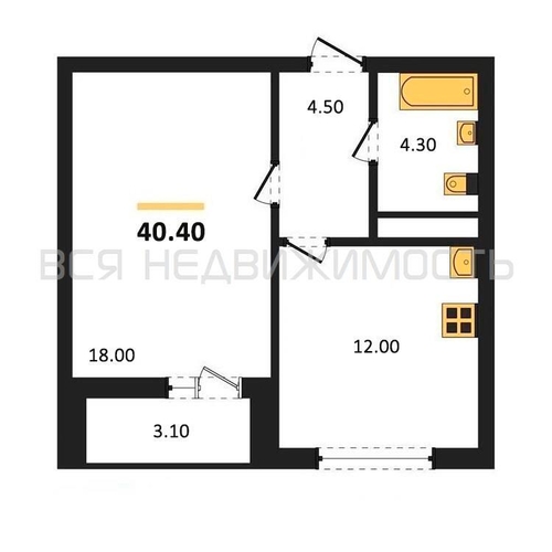 1-комнатная квартира, 40.4кв.м - изображение 0