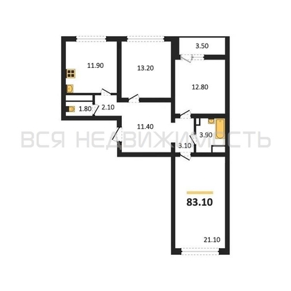 3-комнатная квартира, 83.1кв.м - изображение