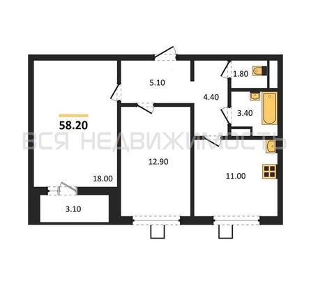 2-комнатная квартира, 58.2кв.м - изображение