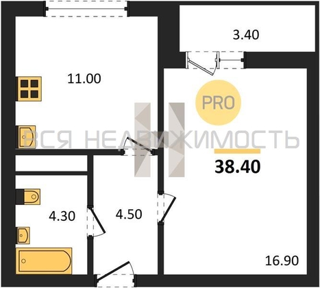1-комнатная квартира, 38.4кв.м - изображение