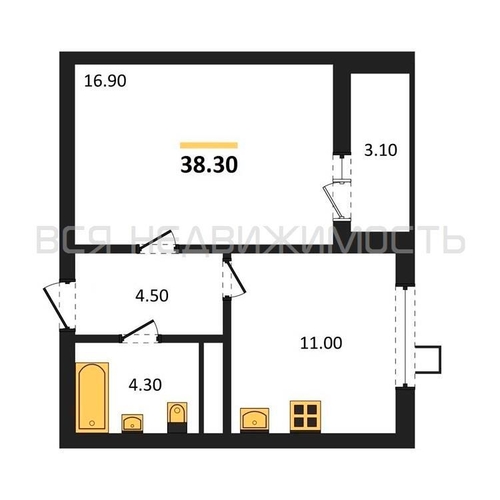 1-комнатная квартира, 38.3кв.м - изображение 0