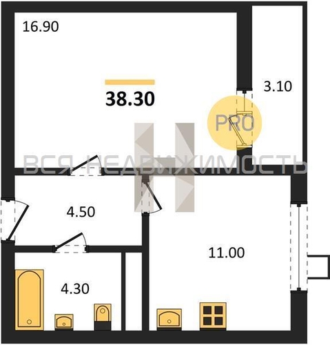 1-комнатная квартира, 38.3кв.м - изображение 0