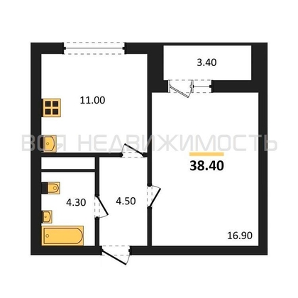 1-комнатная квартира, 38.4кв.м - изображение