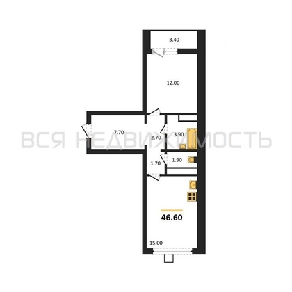 1-комнатная квартира, 46.6кв.м - изображение