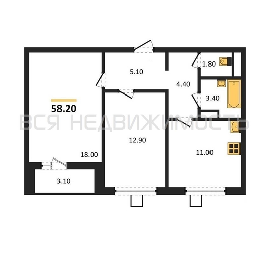 2-комнатная квартира, 58.2кв.м - изображение 0