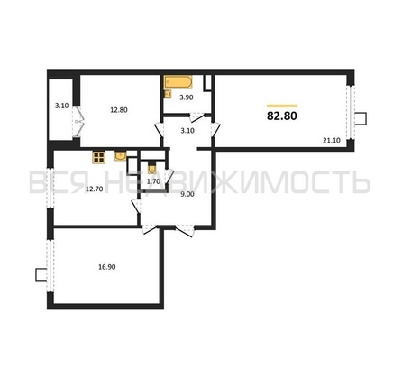 3-комнатная квартира, 82.8кв.м - изображение