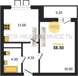 1-комнатная квартира, 38.3кв.м - изображение 1