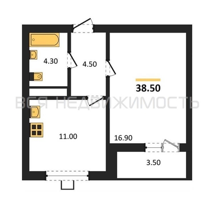 1-комнатная квартира, 38.5кв.м - изображение