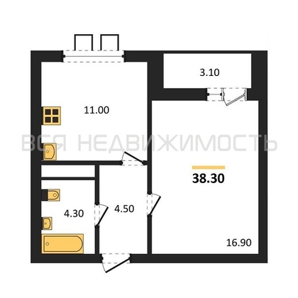 1-комнатная квартира, 38.3кв.м - изображение