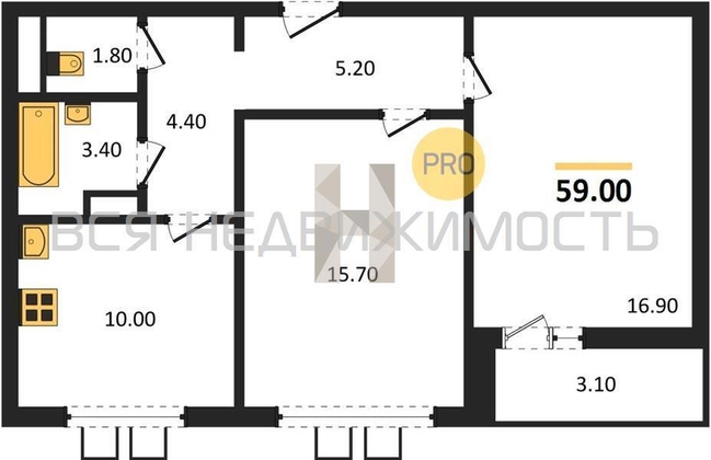 2-комнатная квартира, 59кв.м - изображение