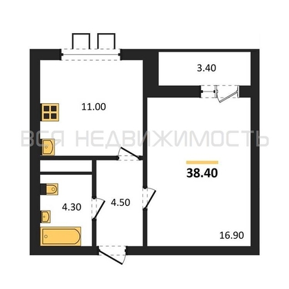 1-комнатная квартира, 38.4кв.м - изображение