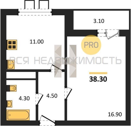 1-комнатная квартира, 38.3кв.м - изображение