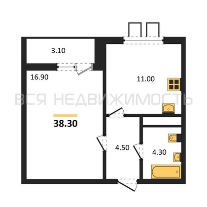 1-комнатная квартира, 38.3кв.м - изображение