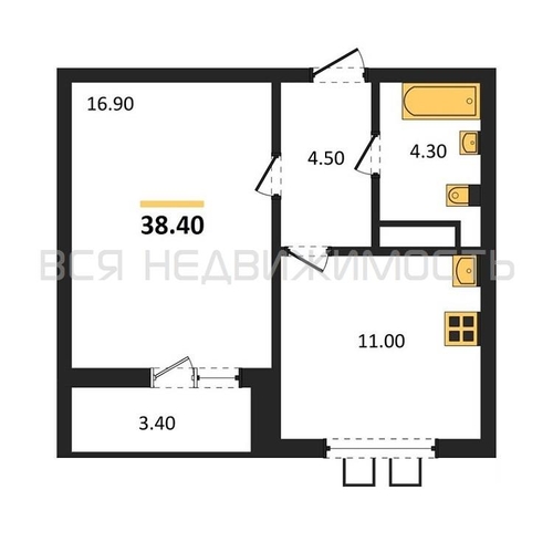 1-комнатная квартира, 38.4кв.м - изображение 0