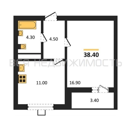 1-комнатная квартира, 38.4кв.м - изображение