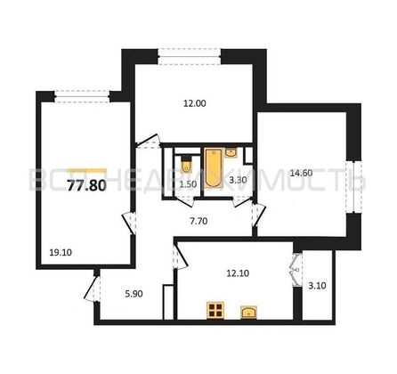 3-комнатная квартира, 77.8кв.м - изображение