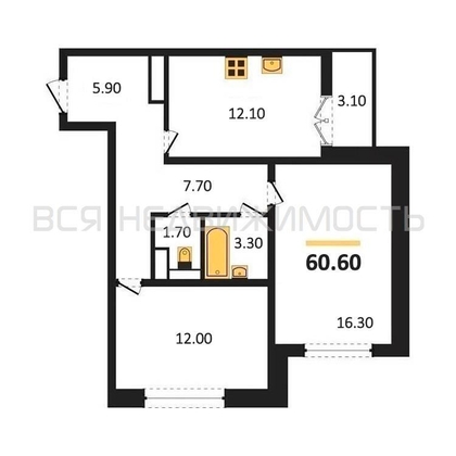 2-комнатная квартира, 60.6кв.м - изображение