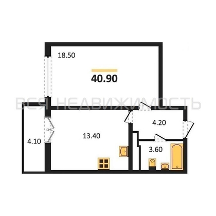 1-комнатная квартира, 40.9кв.м - изображение