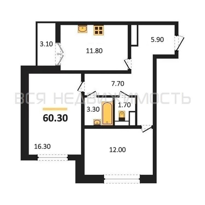 2-комнатная квартира, 60.3кв.м - изображение