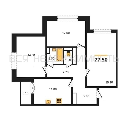 3-комнатная квартира, 77.5кв.м - изображение