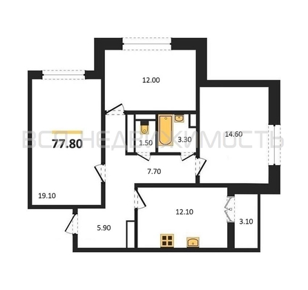 3-комнатная квартира, 77.8кв.м - изображение