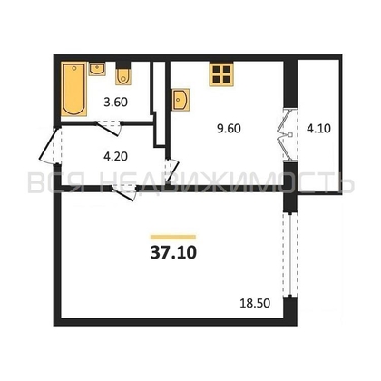 1-комнатная квартира, 37.1кв.м - изображение