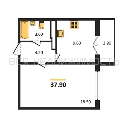 1-комнатная квартира, 37.9кв.м - изображение