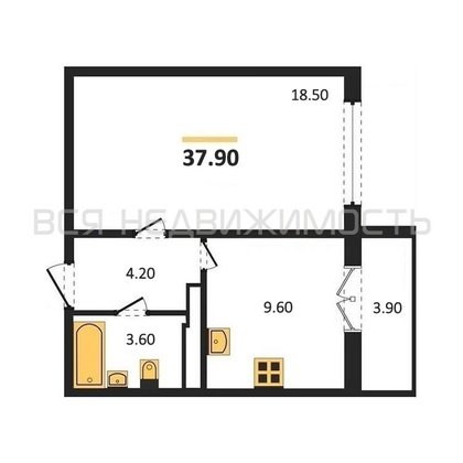 1-комнатная квартира, 37.9кв.м - изображение