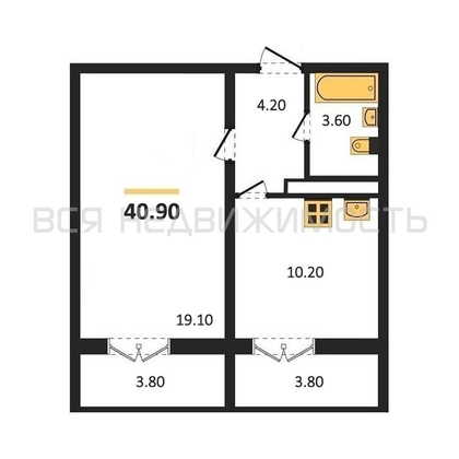 1-комнатная квартира, 40.9кв.м - изображение