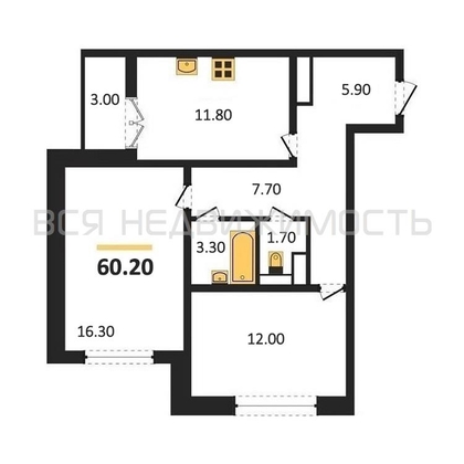 2-комнатная квартира, 60.2кв.м - изображение
