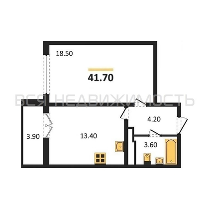 1-комнатная квартира, 41.7кв.м - изображение