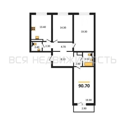 3-комнатная квартира, 90.7кв.м - изображение