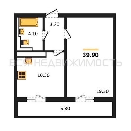 1-комнатная квартира, 39.9кв.м - изображение