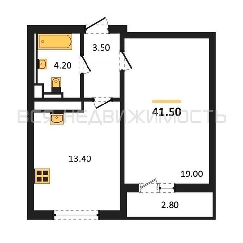 1-комнатная квартира, 41.5кв.м - изображение 0