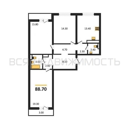 3-комнатная квартира, 88.7кв.м - изображение