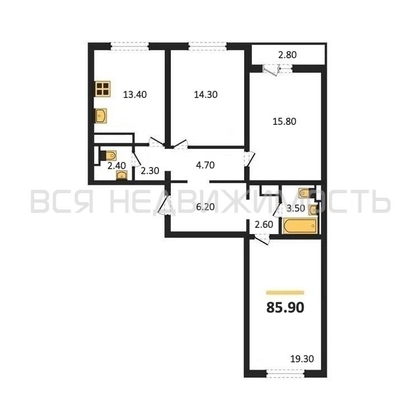 3-комнатная квартира, 85.9кв.м - изображение