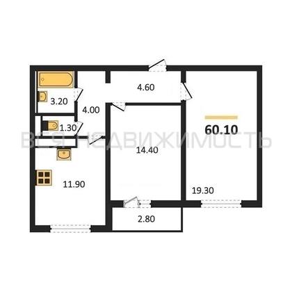 2-комнатная квартира, 60.1кв.м - изображение