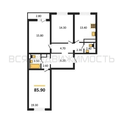 3-комнатная квартира, 85.9кв.м - изображение