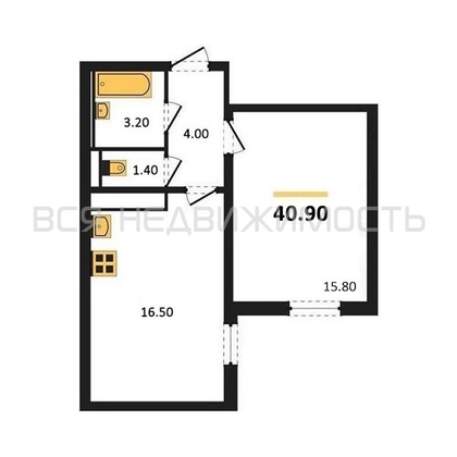 1-комнатная квартира, 40.9кв.м - изображение
