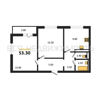 2-комнатная квартира, 53.3кв.м - изображение