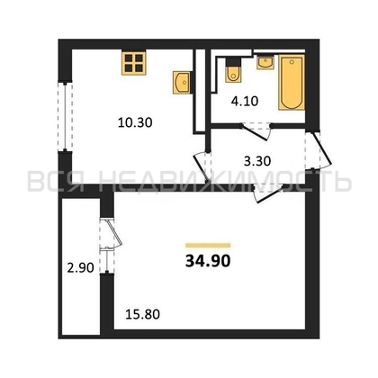 1-комнатная квартира, 34.9кв.м - изображение