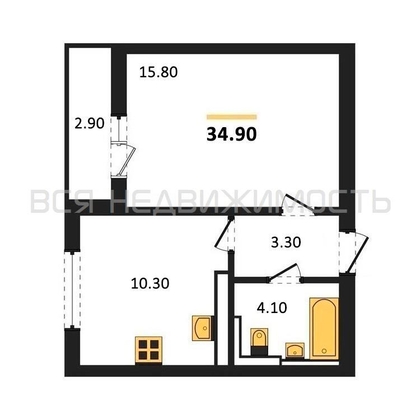 1-комнатная квартира, 34.9кв.м - изображение