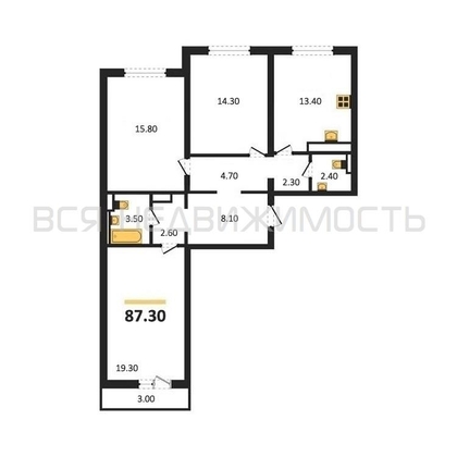 3-комнатная квартира, 87.3кв.м - изображение