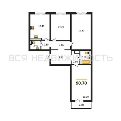 3-комнатная квартира, 90.7кв.м - изображение