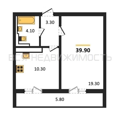 1-комнатная квартира, 39.9кв.м - изображение