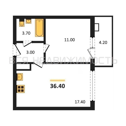 1-комнатная квартира, 36.4кв.м - изображение