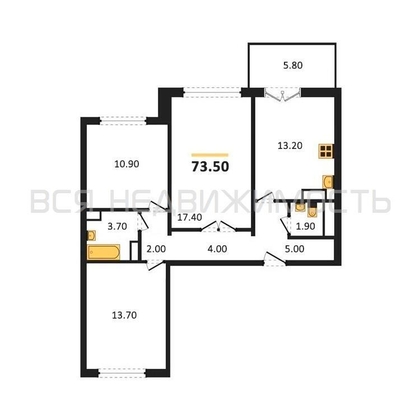 3-комнатная квартира, 73.5кв.м - изображение