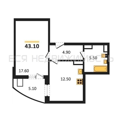 1-комнатная квартира, 43.1кв.м - изображение